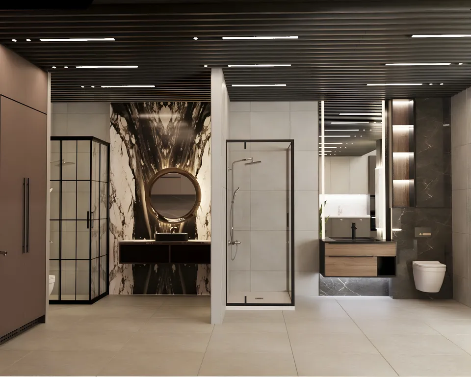 Bathroom design with a stone-look feature wall, round mirror, floating vanity and a glass shower cabin.