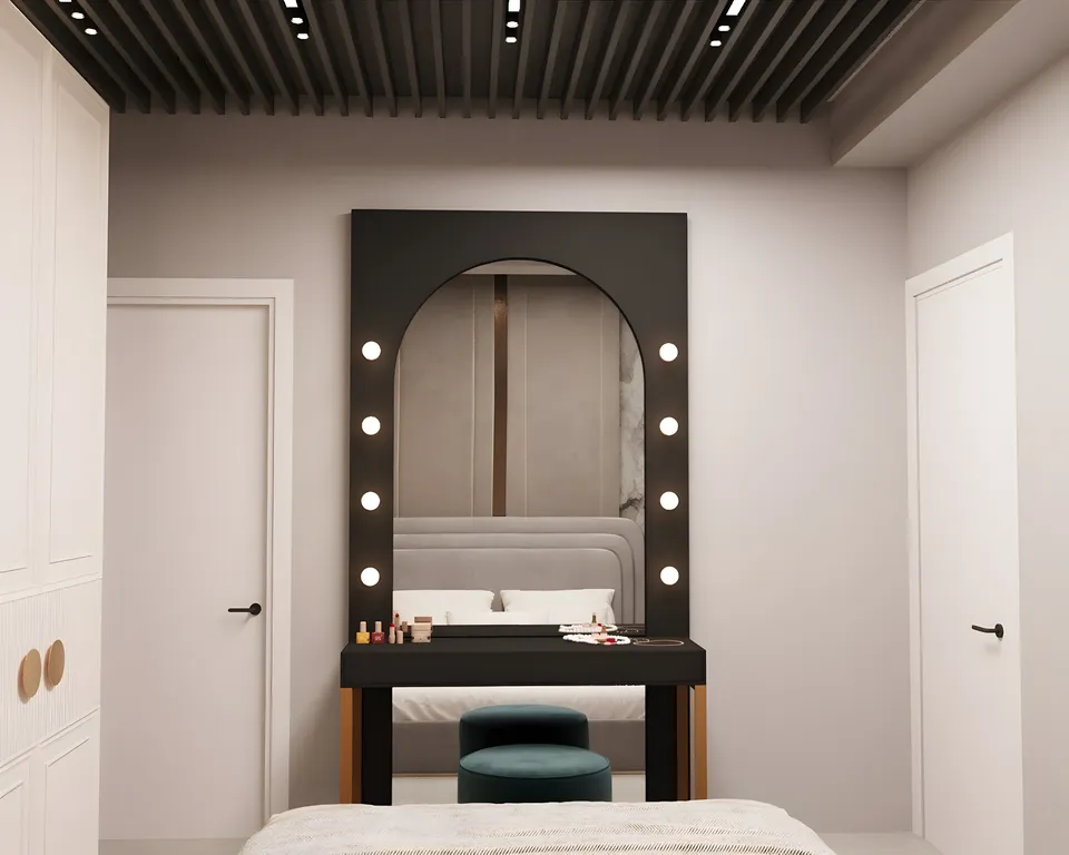 Dressing table design with an arched, lit mirror and a matching stool.