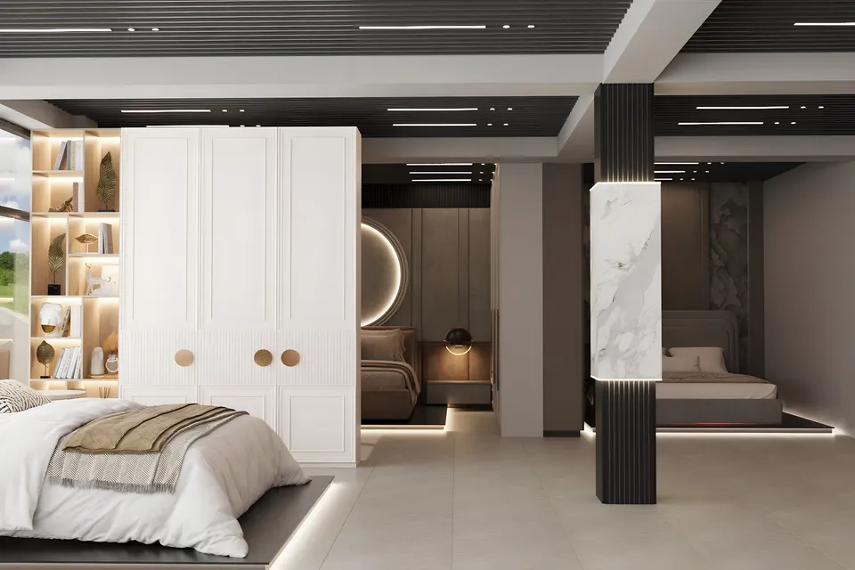 Bedroom design with a white panelled wardrobe with circular pulls and open shelving.